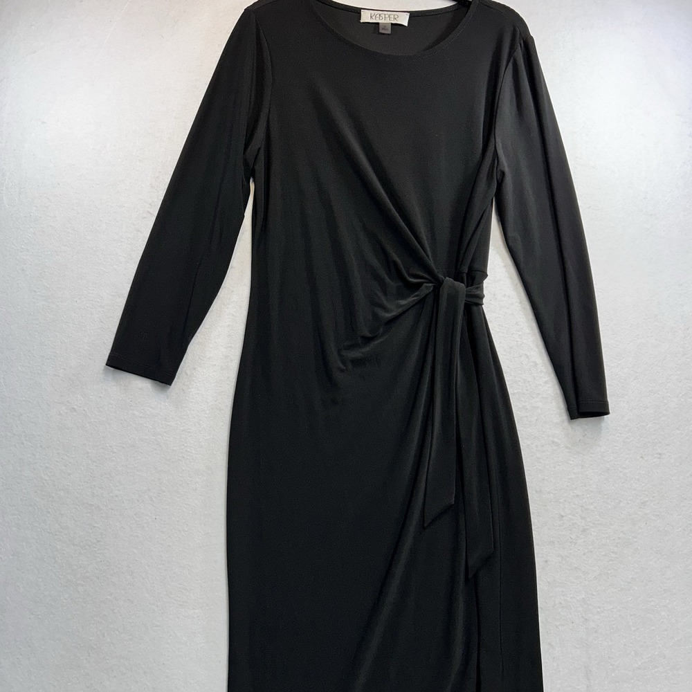 Kasper Tie Waist Dress Long Sleeve Black Knee Length Stretch Size M